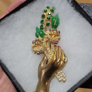 Elegant Antique Hand &  Floral Spray  Brooch